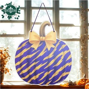 Purple Gold Tiger Stripes Bow Pumpkin Louisiana Halloween Decor Fall Door Hanger